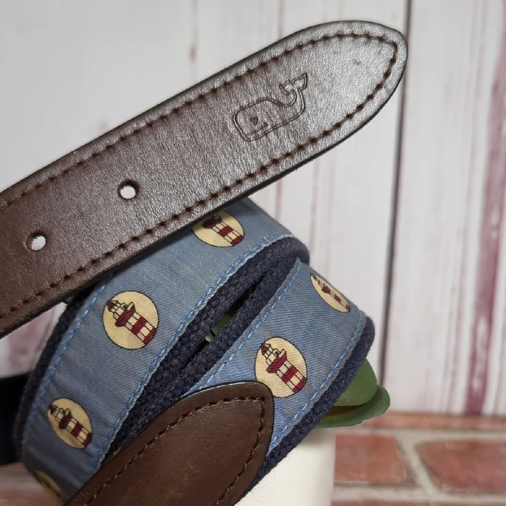 Vineyard Vines Lighthouse Belt Brown Leather and Blue‎ Canvas Size 32 Nautical